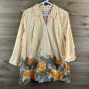 Denim & Co Womens Shirt 3/4 Sleeve Button Up Striped Floral Yellow Size XL